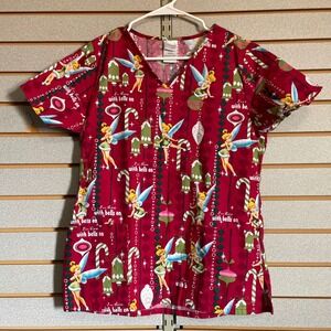 Disney Tinker Bell Christmas Scrub Top Red Holiday V-Neck Cotton Small S/CH